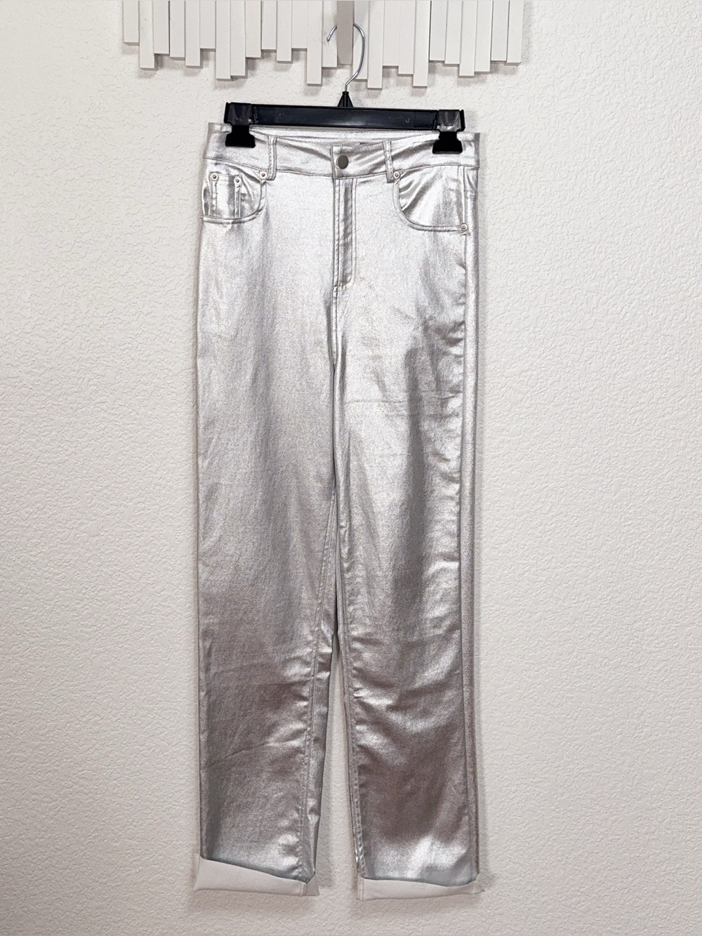 Miss Sparkling Silver Metallic High Rise Skinny Pants Stretch Legging Raw Hem